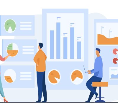 Office workers analyzing and researching business data vector illustration. Marketing analysts developing strategy. Business people studying infographics and diagrams on dashboard